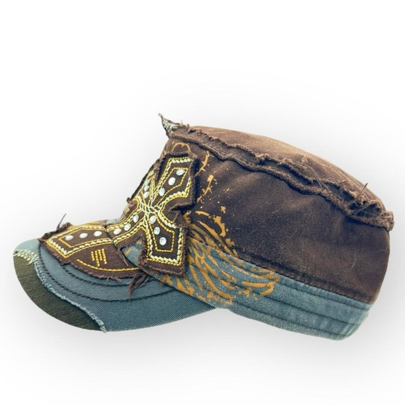 Leader Winged Cross Distressed Cadet Brown Embellished Cap - Picture 10 of 15